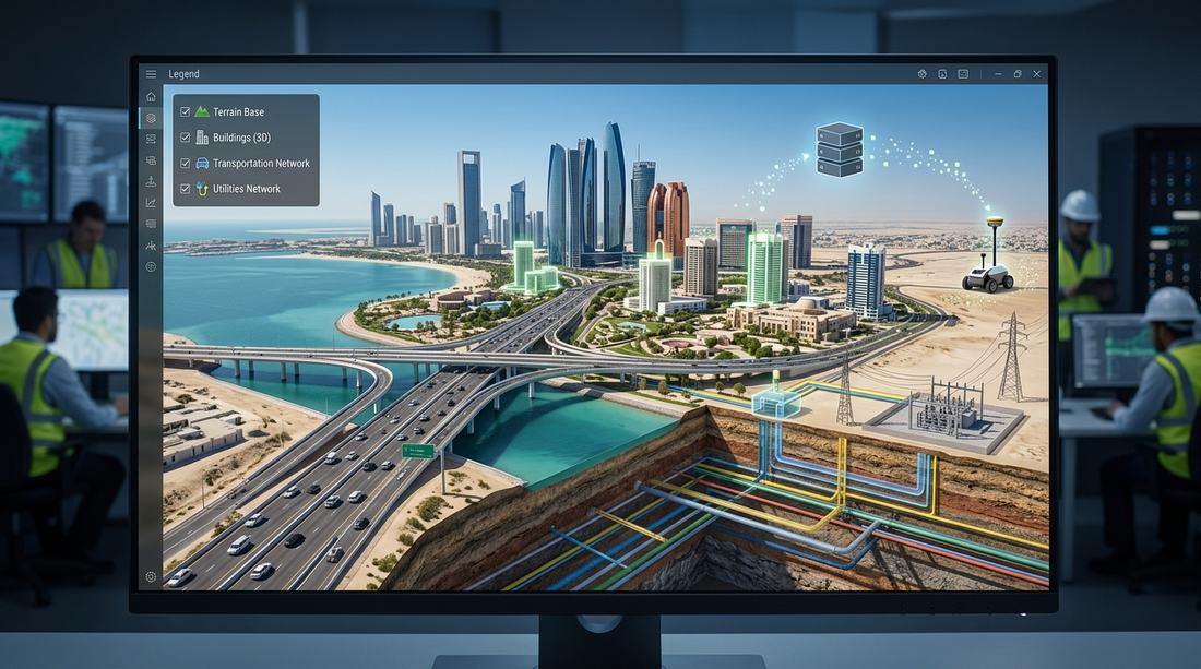 3D GIS dashboard showing an Abu Dhabi highway and coastline with terrain, buildings, transportation and utilities layers