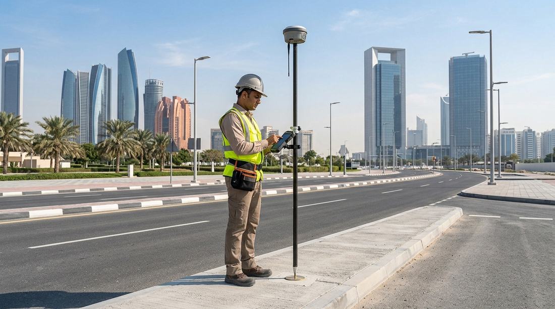Surveyor using a GNSS rover on a road in Abu Dhabi with the city skyline behind