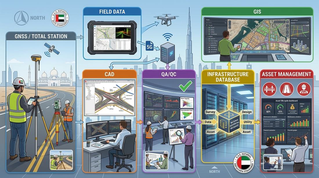 Survey-to-GIS data pipeline diagram: GNSS/total station field data feeding CAD, QA/QC, an infrastructure database and GIS asset management