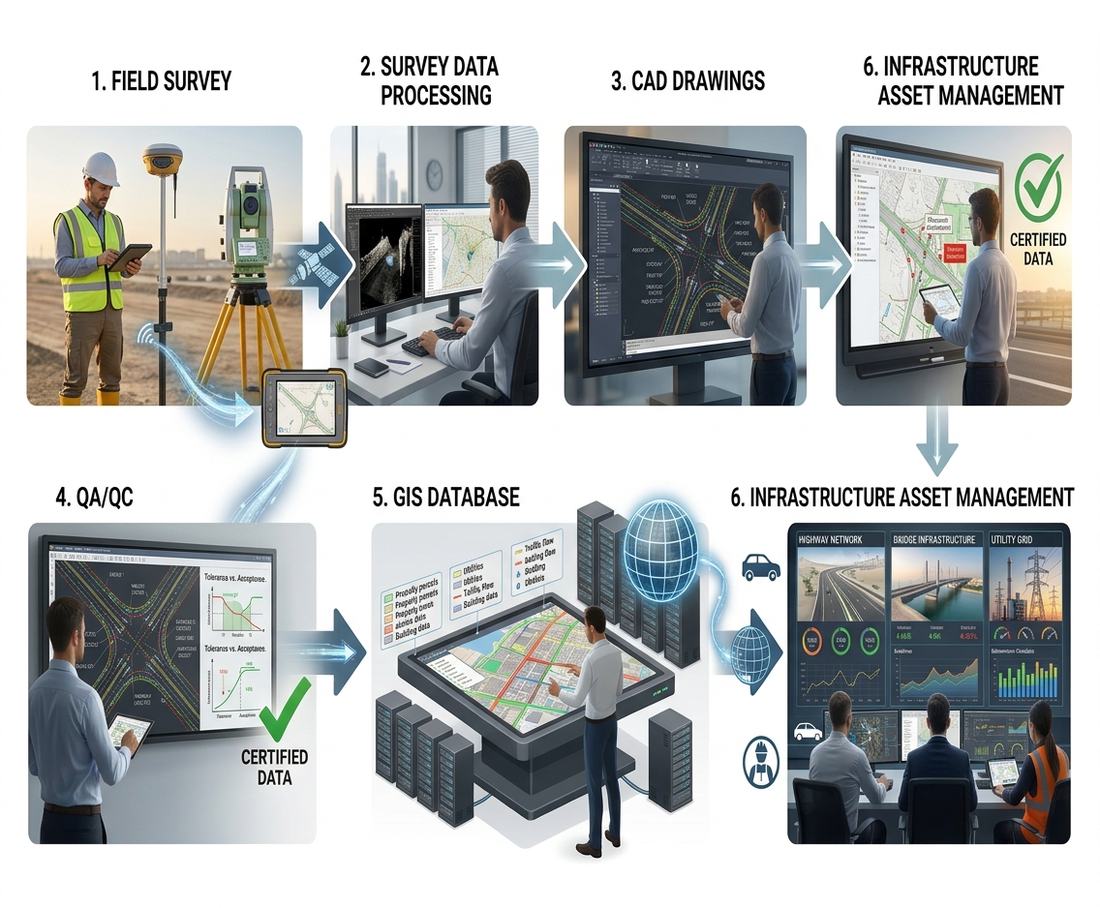Six-step workflow diagram: field survey, survey data processing, CAD drawings, QA/QC, GIS database, infrastructure asset management