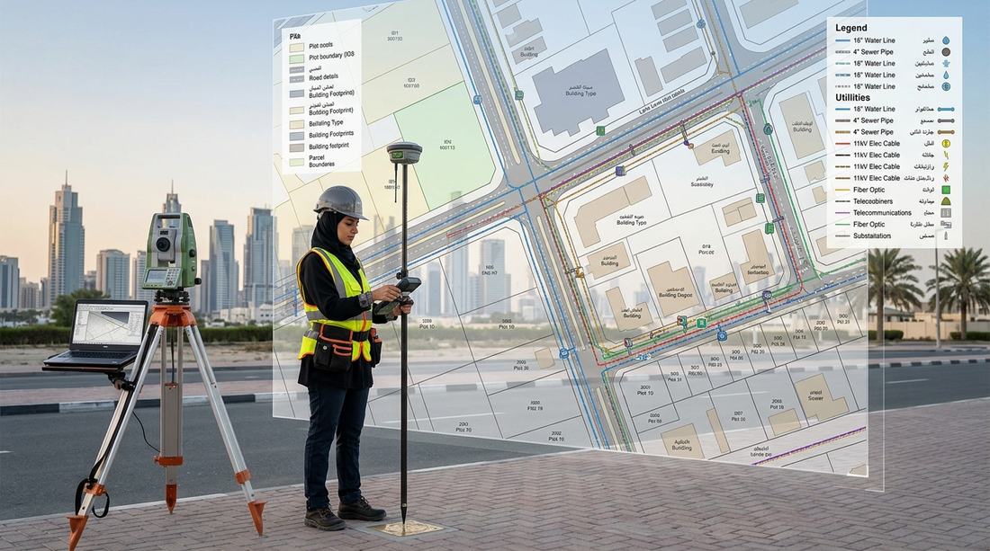 Surveyor using a total station with a cadastral and utility map overlay, Dubai skyline in the background