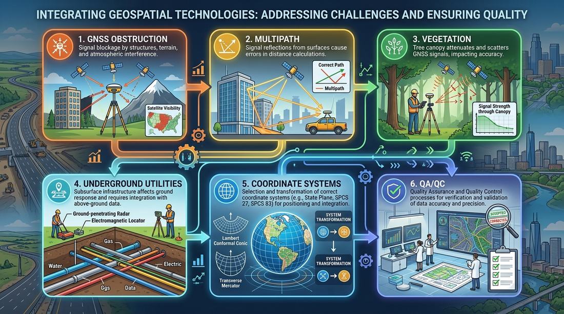 Infographic on integrating geospatial technologies: GNSS obstruction, multipath, vegetation, underground utilities, coordinate systems and QA/QC