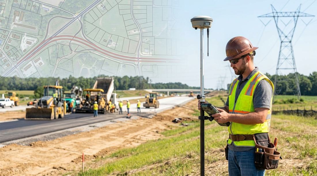 Surveyor using a GNSS rover at a road construction site in the United States