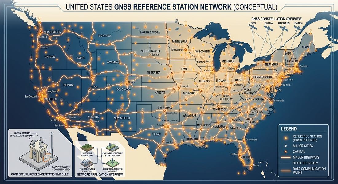 Conceptual map of a United States GNSS reference station network with highways, reference stations and a GNSS constellation overview