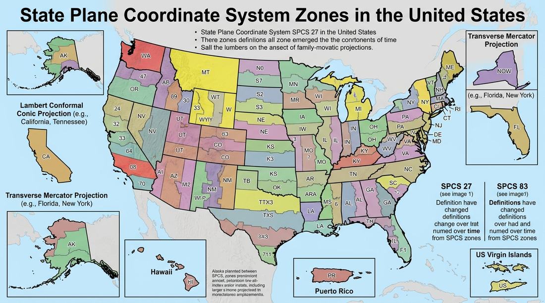 Map of State Plane Coordinate System zones across the United States, showing Lambert Conformal Conic and Transverse Mercator projection regions