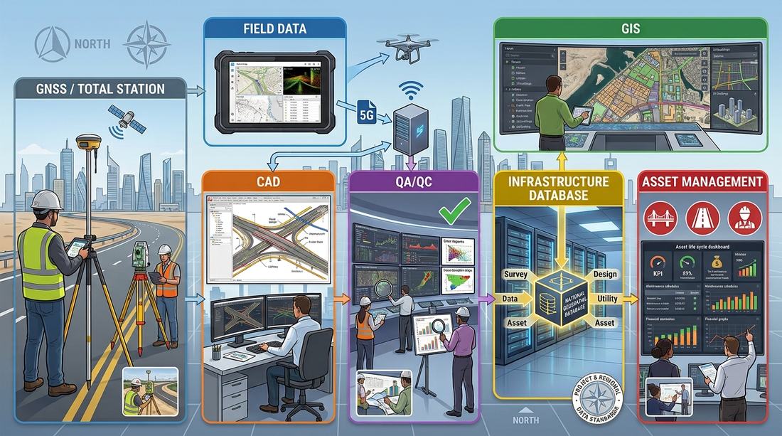 Survey-to-GIS data pipeline diagram: GNSS/total station field data feeding CAD, QA/QC, an infrastructure database and GIS asset management